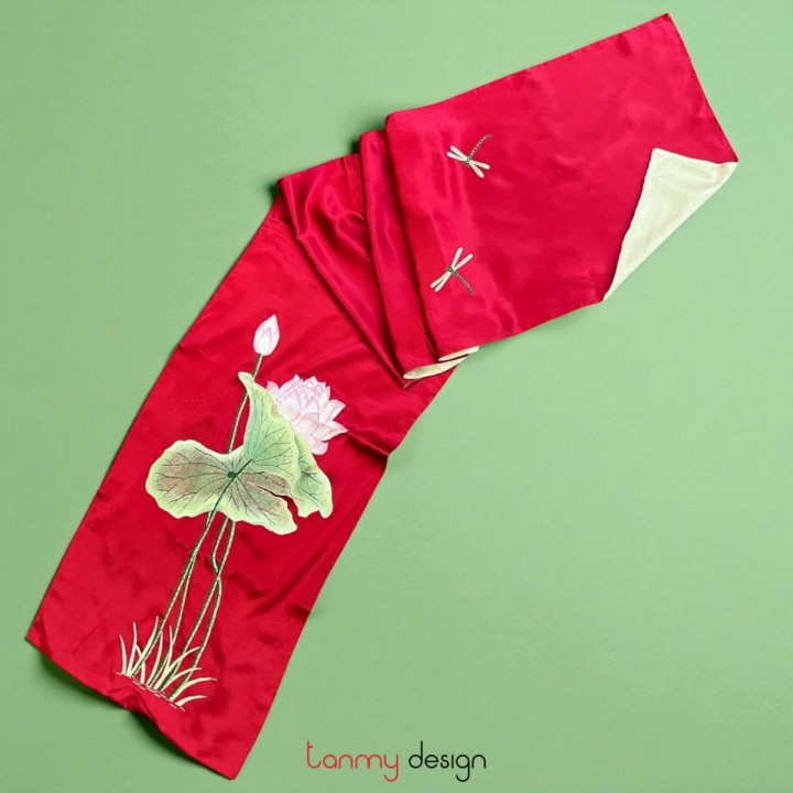 Red silk scarf hand-embroidered with lotus 40*200 cm-Different models